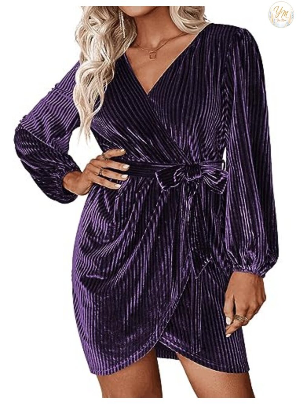 Plus Size Velvet Wrap Long Sleeve V Neck Mini Dress Semi Formal Cocktail Party